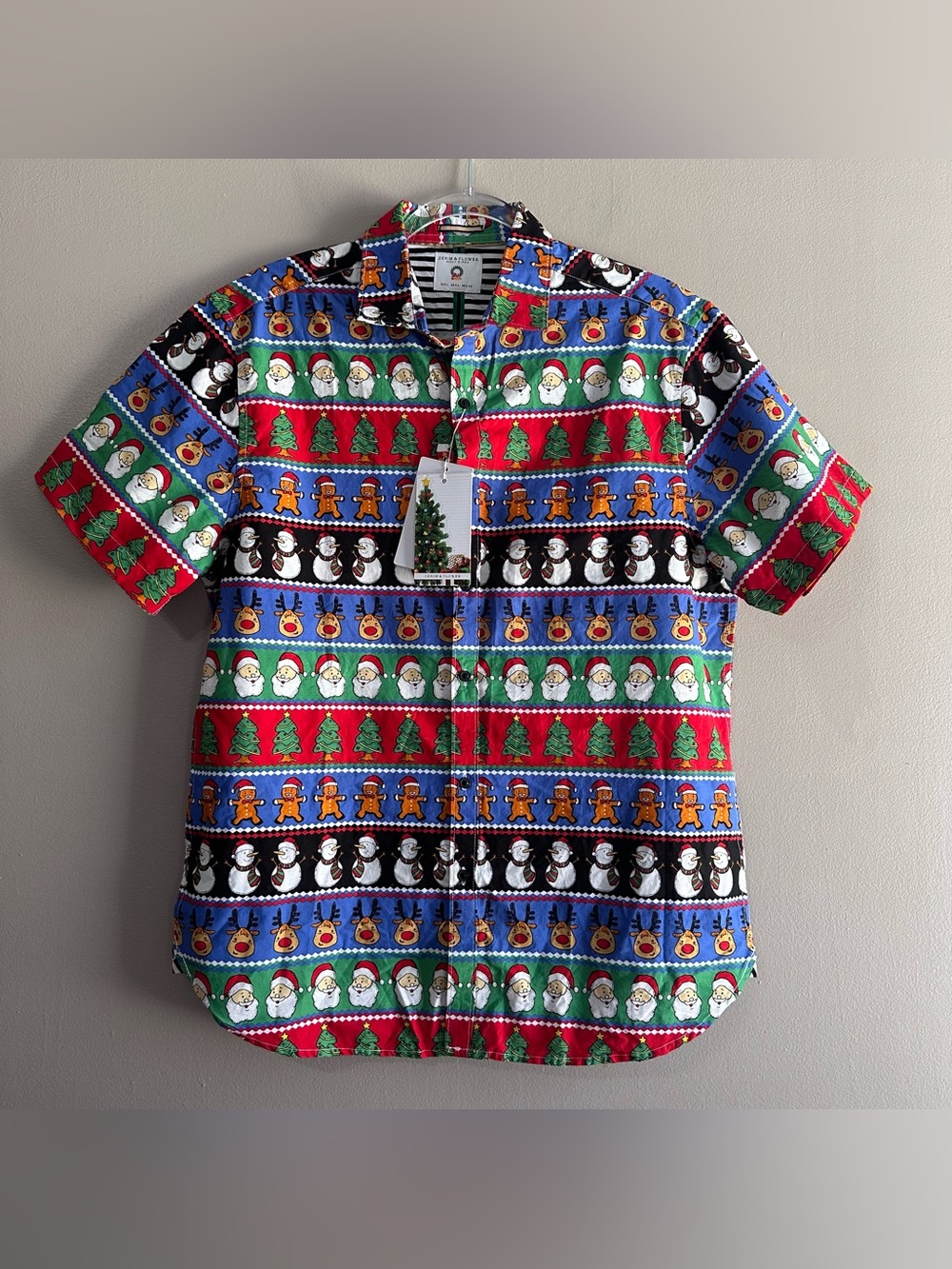 Denim & Flower Christmas Festive Holiday Short Sleeve Casual Shirt Mens Large